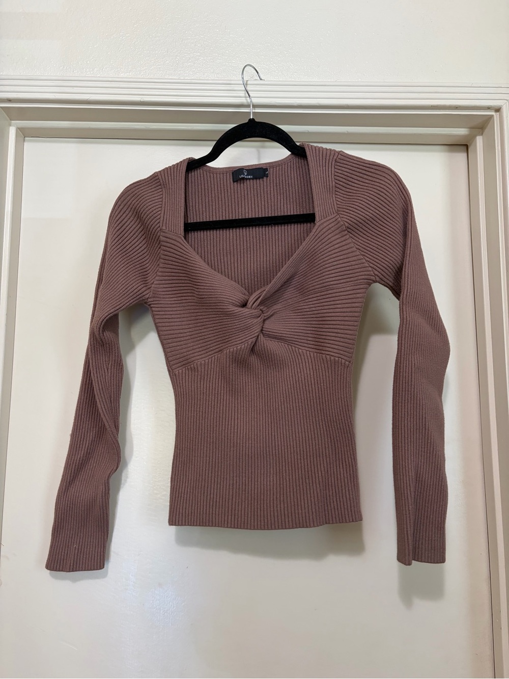LILLUSORY RIBBED TWIST FRONT KNIT SWEATER MAUVE SIZE LARGE